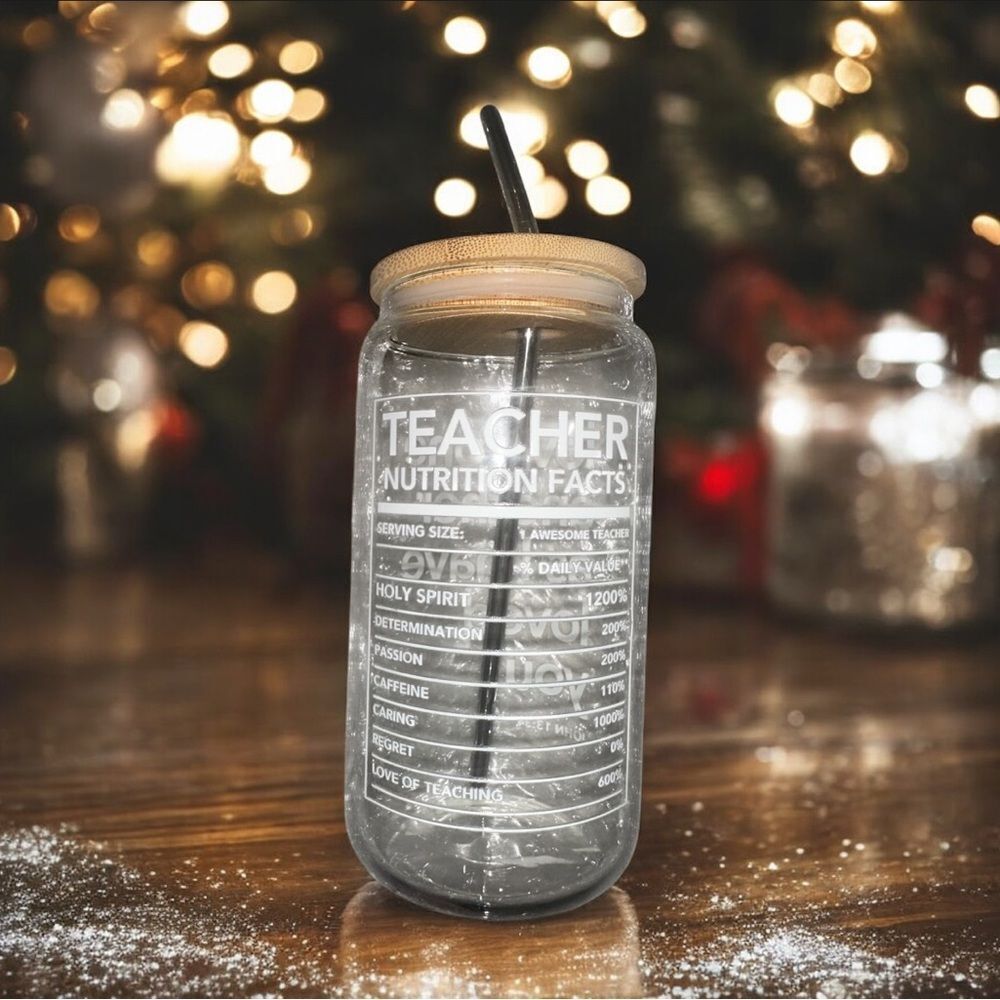 Teacher Religious  Glass cup with Straw.
